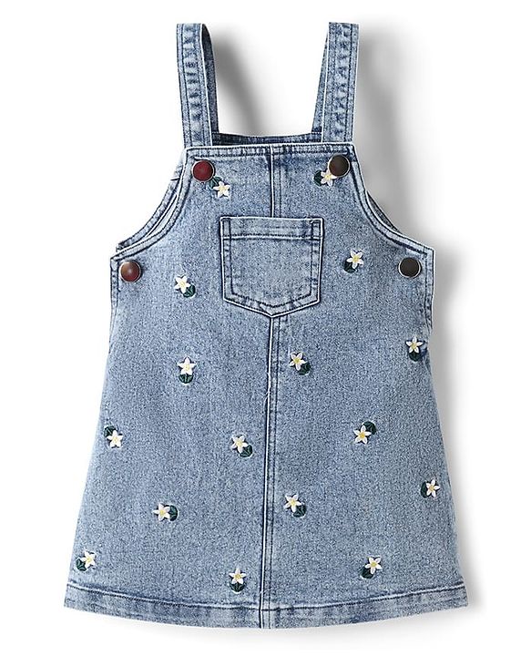 Babyhug Woven Half Sleeve Denim Floral Embroidered Frock with Inner Tee - Blue