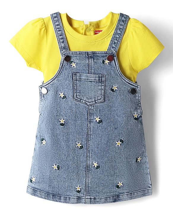 Babyhug Woven Half Sleeve Denim Floral Embroidered Frock with Inner Tee - Blue