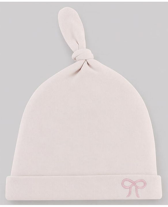 Babyhug 100% Cotton Interlock Knit Cap With Bow Embroidery Pink- Diameter 15 cm