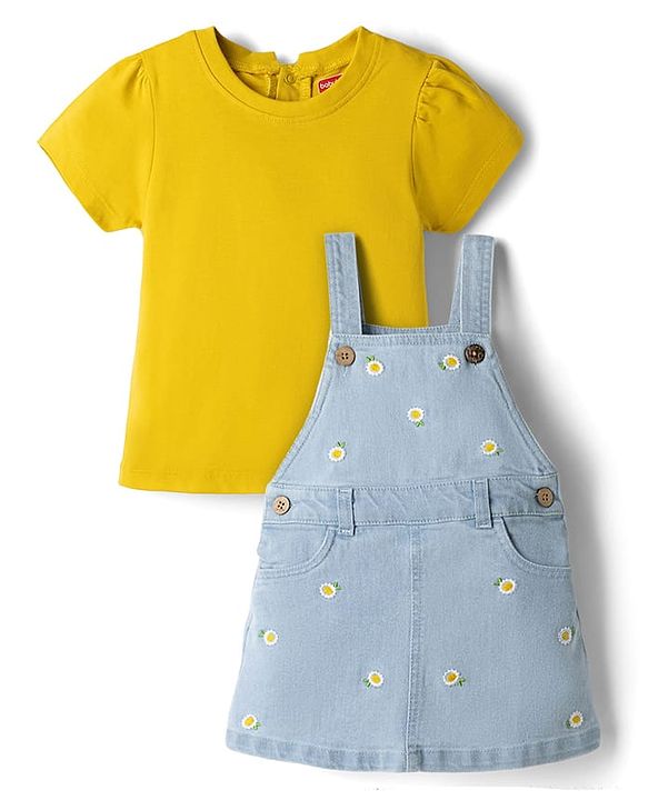 Babyhug Denim Woven Frocks with Inner Tee and Half Sleeves with Floral Print in Blue & Yellow