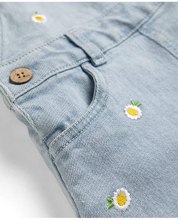 Babyhug Denim Woven Frocks with Inner Tee and Half Sleeves with Floral Print in Blue & Yellow