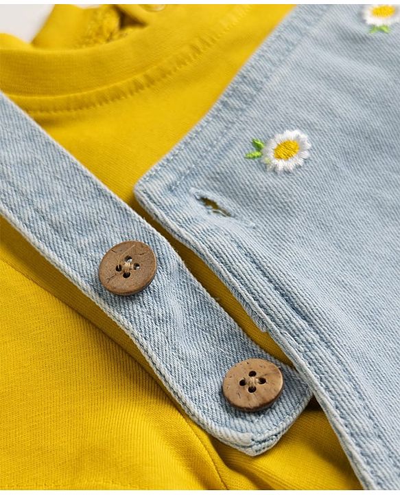 Babyhug Denim Woven Frocks with Inner Tee and Half Sleeves with Floral Print in Blue & Yellow