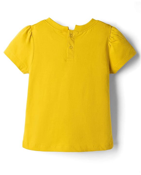Babyhug Denim Woven Frocks with Inner Tee and Half Sleeves with Floral Print in Blue & Yellow