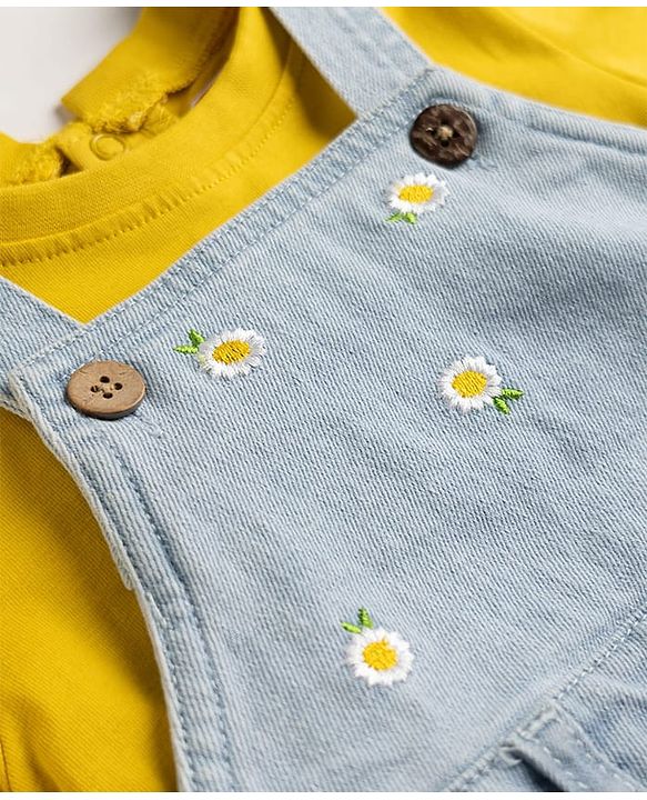 Babyhug Denim Woven Frocks with Inner Tee and Half Sleeves with Floral Print in Blue & Yellow