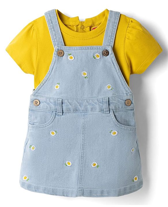 Babyhug Denim Woven Frocks with Inner Tee and Half Sleeves with Floral Print in Blue & Yellow
