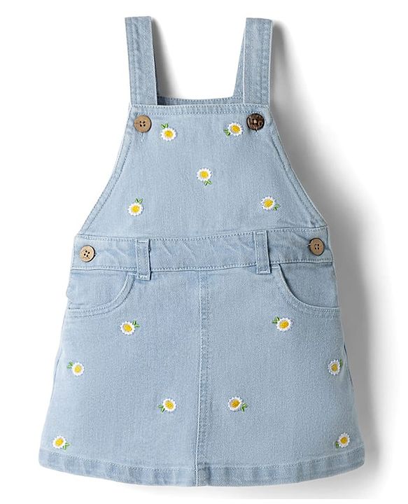 Babyhug Denim Woven Frocks with Inner Tee and Half Sleeves with Floral Print in Blue & Yellow