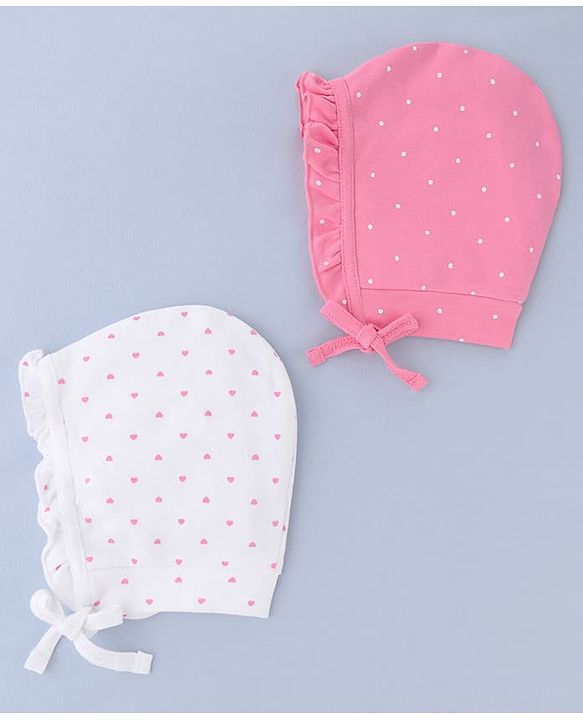Babyhug 100% Cotton Interlock Knit Cap With Heart & Polka Dot Print Pack of 2 White & Pink - Diameter 14 cm