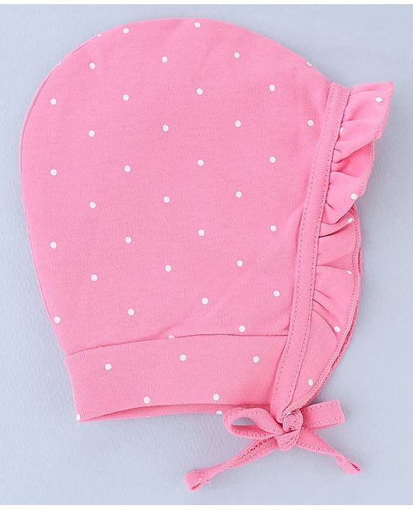 Babyhug 100% Cotton Interlock Knit Cap With Heart & Polka Dot Print Pack of 2 White & Pink - Diameter 14 cm