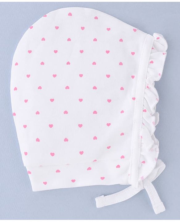 Babyhug 100% Cotton Interlock Knit Cap With Heart & Polka Dot Print Pack of 2 White & Pink - Diameter 14 cm