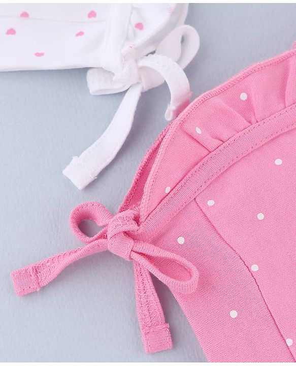 Babyhug 100% Cotton Interlock Knit Cap With Heart & Polka Dot Print Pack of 2 White & Pink - Diameter 14 cm