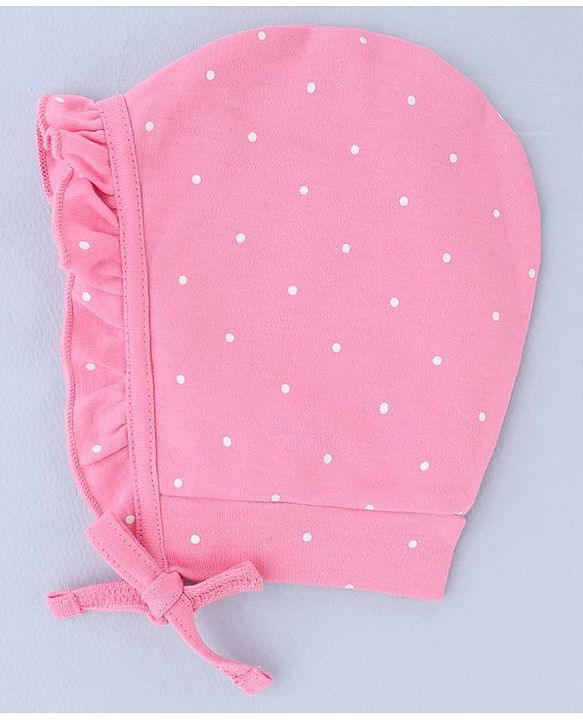 Babyhug 100% Cotton Interlock Knit Cap With Heart & Polka Dot Print Pack of 2 White & Pink - Diameter 14 cm