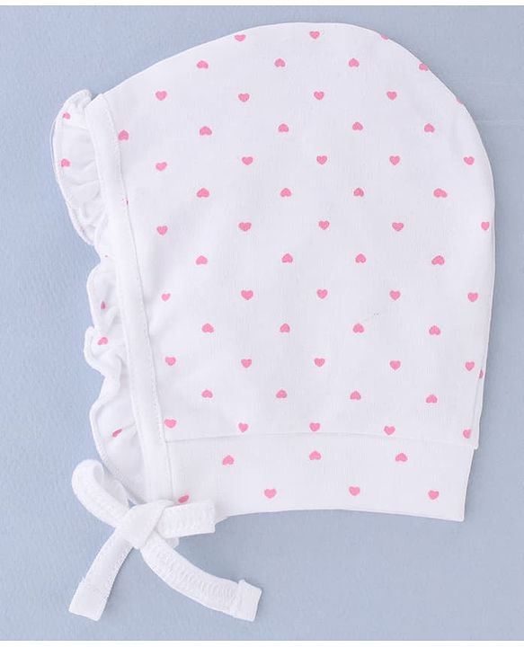 Babyhug 100% Cotton Interlock Knit Cap With Heart & Polka Dot Print Pack of 2 White & Pink - Diameter 14 cm