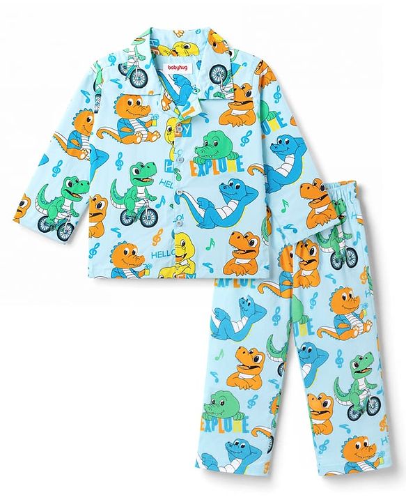 Babyhug 100% Cotton Knit Full Sleeves Shirt & Pyjama Night Suit with Dino Print - Blue