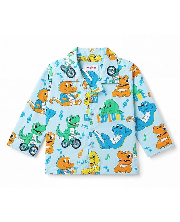 Babyhug 100% Cotton Knit Full Sleeves Shirt & Pyjama Night Suit with Dino Print - Blue