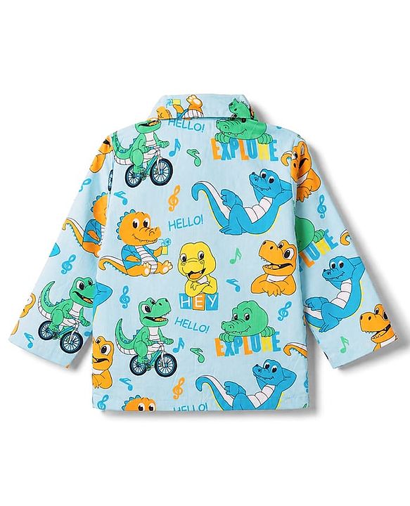 Babyhug 100% Cotton Knit Full Sleeves Shirt & Pyjama Night Suit with Dino Print - Blue