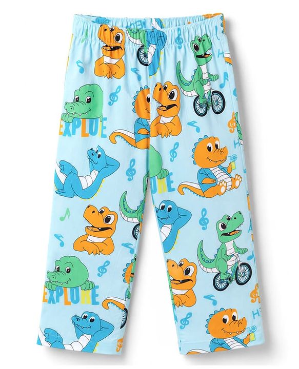 Babyhug 100% Cotton Knit Full Sleeves Shirt & Pyjama Night Suit with Dino Print - Blue