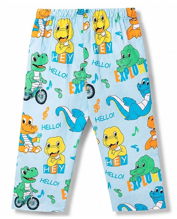 Babyhug 100% Cotton Knit Full Sleeves Shirt & Pyjama Night Suit with Dino Print - Blue