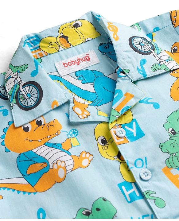 Babyhug 100% Cotton Knit Full Sleeves Shirt & Pyjama Night Suit with Dino Print - Blue