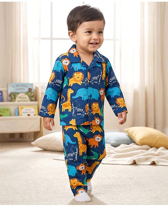 Babyhug 100% Cotton Knit Full Sleeves Shirt & Pyjama Night Suit with Animals Print - Navy Blue