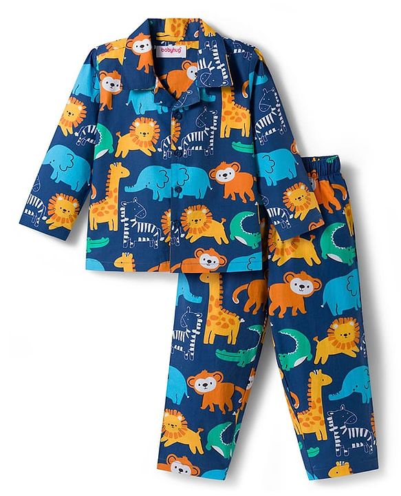 Babyhug 100% Cotton Knit Full Sleeves Shirt & Pyjama Night Suit with Animals Print - Navy Blue
