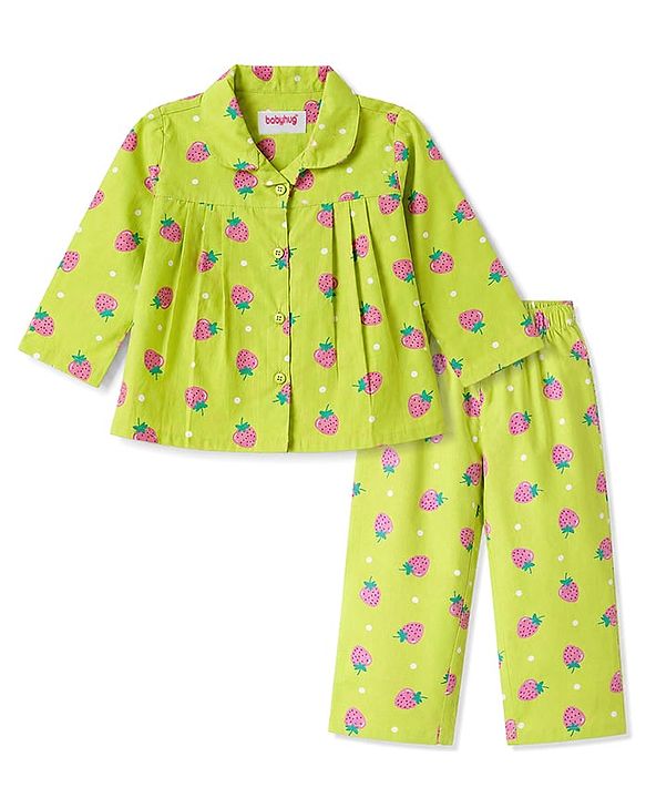 Babyhug Cotton Woven Full Sleeves Strawberry Printed Co-Ords Top & Pyjama Night Suit - Lime Green