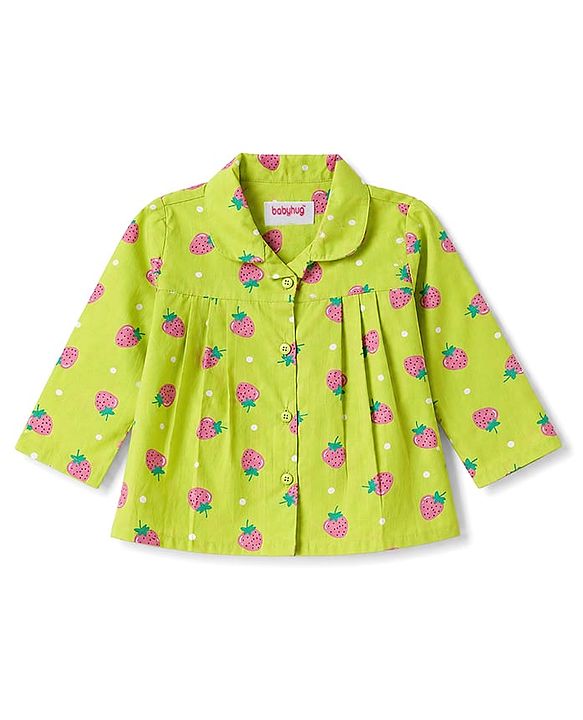 Babyhug Cotton Woven Full Sleeves Strawberry Printed Co-Ords Top & Pyjama Night Suit - Lime Green