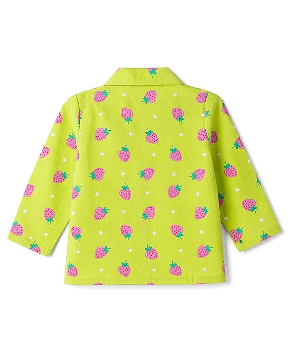 Babyhug Cotton Woven Full Sleeves Strawberry Printed Co-Ords Top & Pyjama Night Suit - Lime Green