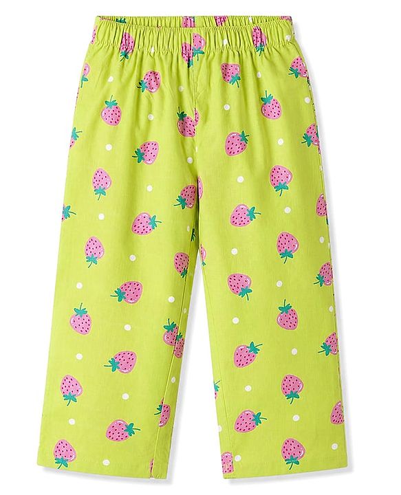 Babyhug Cotton Woven Full Sleeves Strawberry Printed Co-Ords Top & Pyjama Night Suit - Lime Green