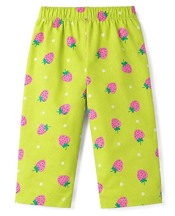 Babyhug Cotton Woven Full Sleeves Strawberry Printed Co-Ords Top & Pyjama Night Suit - Lime Green