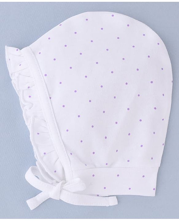 Babyhug 100% Cotton Interlock Knit Cap With Heart & Polka Dot Print Pack of 2 White & Purple - Diameter 14 cm