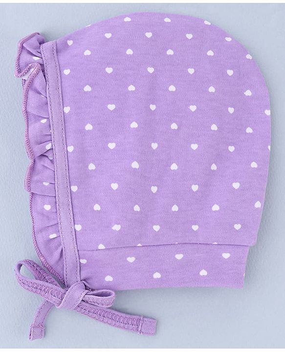 Babyhug 100% Cotton Interlock Knit Cap With Heart & Polka Dot Print Pack of 2 White & Purple - Diameter 14 cm