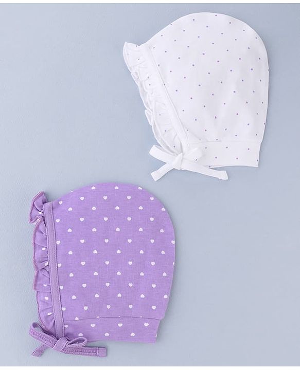Babyhug 100% Cotton Interlock Knit Cap With Heart & Polka Dot Print Pack of 2 White & Purple - Diameter 14 cm