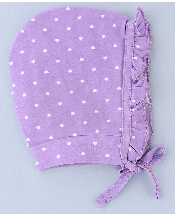 Babyhug 100% Cotton Interlock Knit Cap With Heart & Polka Dot Print Pack of 2 White & Purple - Diameter 14 cm