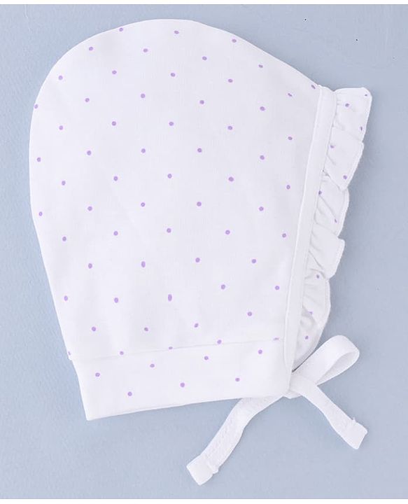 Babyhug 100% Cotton Interlock Knit Cap With Heart & Polka Dot Print Pack of 2 White & Purple - Diameter 14 cm