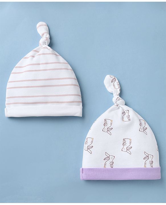 Babyhug 100% Cotton Interlock Knit Striped Cap with Bunny Print Pack of 2 White - Diameter 15 cm