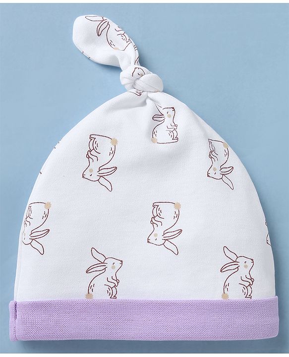 Babyhug 100% Cotton Interlock Knit Striped Cap with Bunny Print Pack of 2 White - Diameter 15 cm