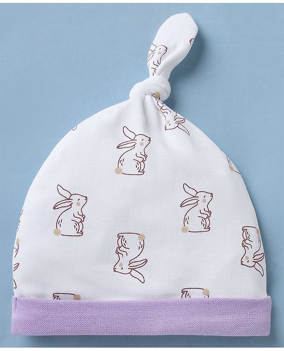 Babyhug 100% Cotton Interlock Knit Striped Cap with Bunny Print Pack of 2 White - Diameter 15 cm