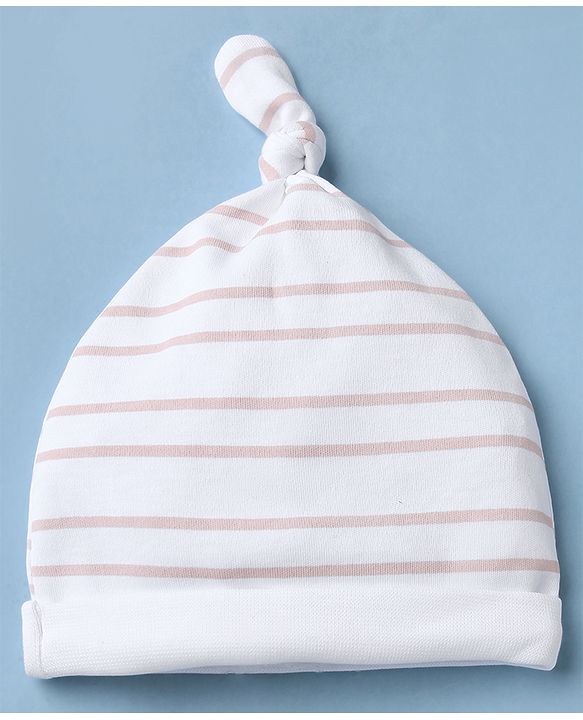 Babyhug 100% Cotton Interlock Knit Striped Cap with Bunny Print Pack of 2 White - Diameter 15 cm