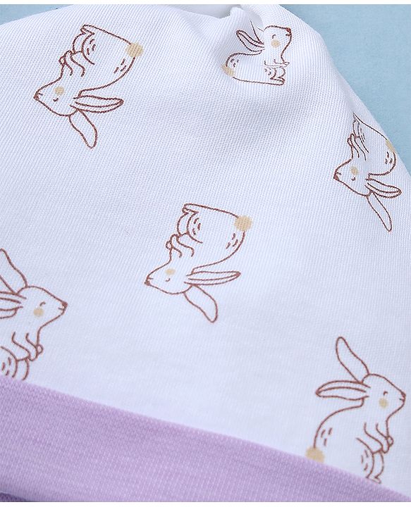 Babyhug 100% Cotton Interlock Knit Striped Cap with Bunny Print Pack of 2 White - Diameter 15 cm