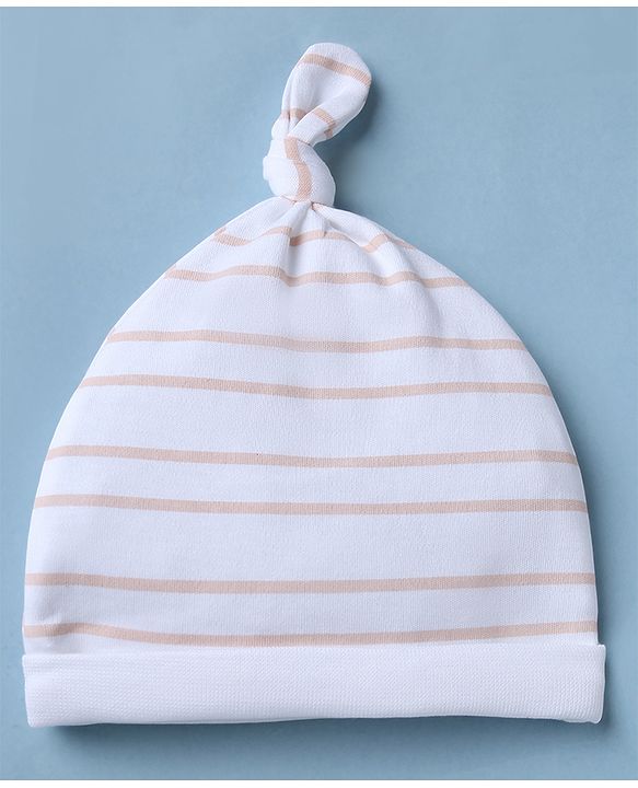 Babyhug 100% Cotton Interlock Knit Striped Cap with Bunny Print Pack of 2 White - Diameter 15 cm
