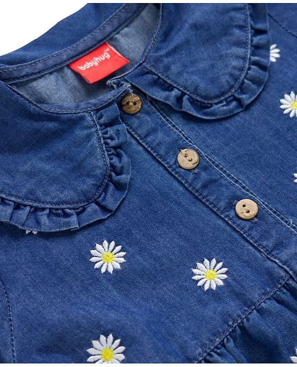Babyhug Denim Woven Full Sleeves Floral Embroidered Frock - Blue