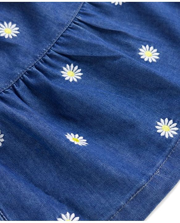 Babyhug Denim Woven Full Sleeves Floral Embroidered Frock - Blue