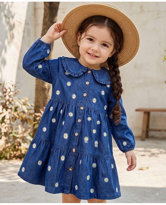 Babyhug Denim Woven Full Sleeves Floral Embroidered Frock - Blue