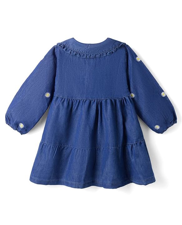 Babyhug Denim Woven Full Sleeves Floral Embroidered Frock - Blue