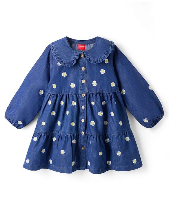 Babyhug Denim Woven Full Sleeves Floral Embroidered Frock - Blue