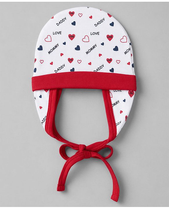 Babyhug 100% Cotton Interlock Knit Hearts Printed Cap White- Diameter 15.5 cm