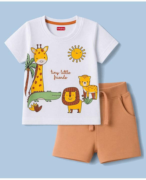 Babyhug 100% Cotton Single Jersey Knit Half Sleeves T-Shirt & Shorts With Animal Print - White