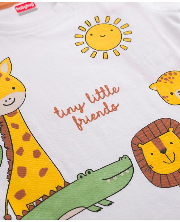 Babyhug 100% Cotton Single Jersey Knit Half Sleeves T-Shirt & Shorts With Animal Print - White