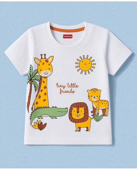 Babyhug 100% Cotton Single Jersey Knit Half Sleeves T-Shirt & Shorts With Animal Print - White