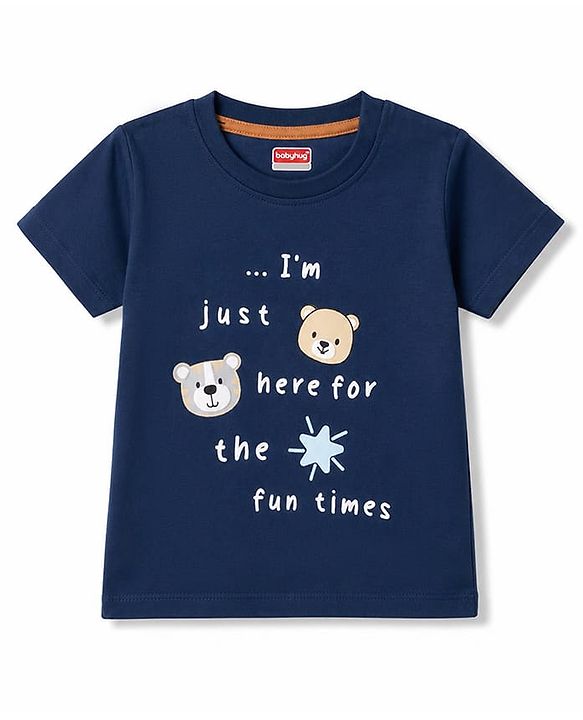 Babyhug 100% Cotton Single Jersey Knit Half Sleeves T-Shirt & Shorts Set With Bear Print - Navy Blue & Brown